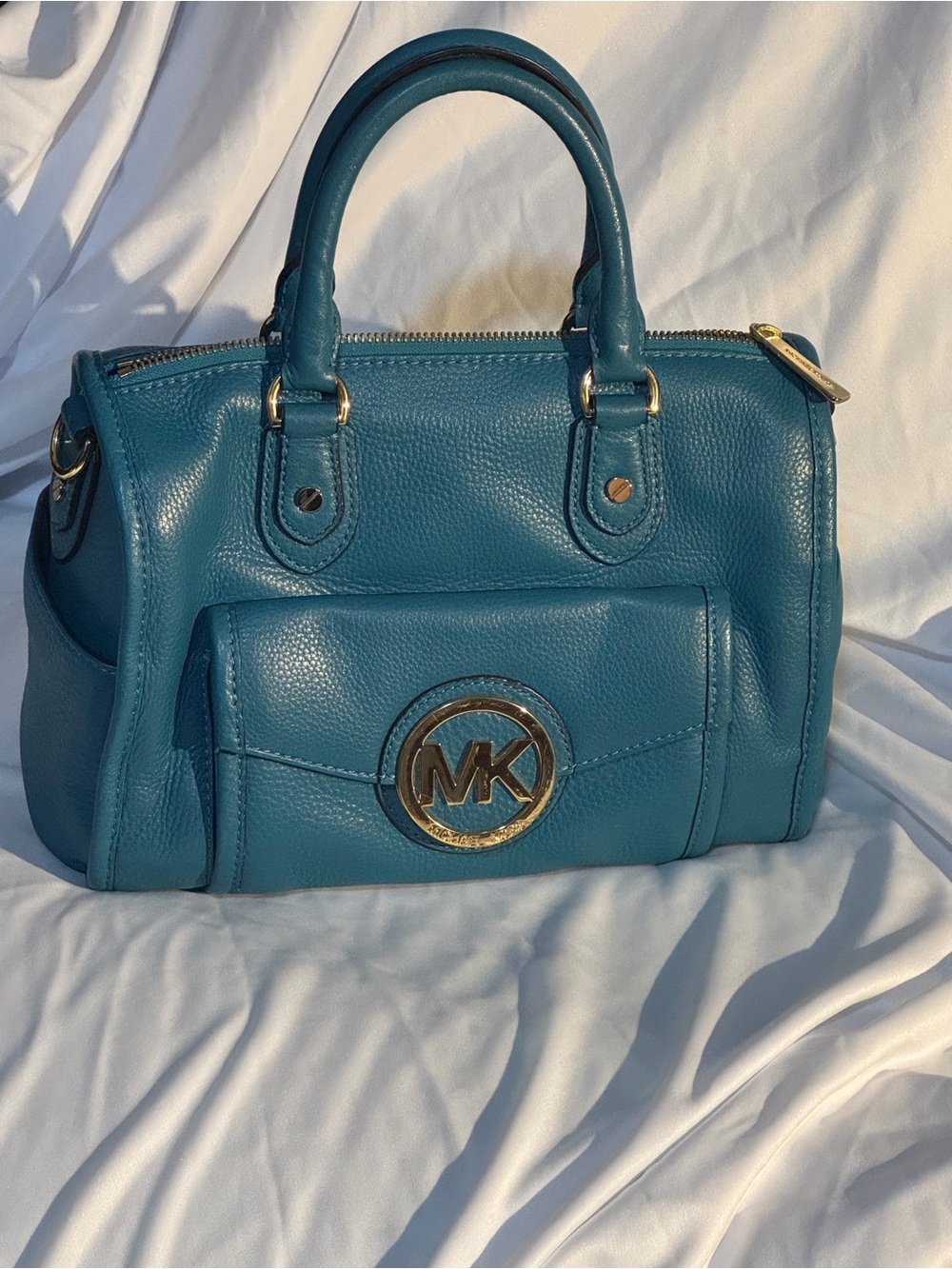 Michael Kors Teal Pebbled Leather Satchel with Gold Logo